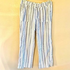 SO Linen Pants Medium White Blue Striped Smocked Waistband Ties Pockets